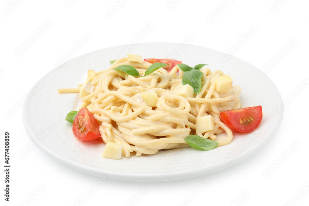 Delicious pasta with brie cheese, tomatoes and basil leaves isolated on white Delicious pasta with brie cheese, tomatoes and basil leaves isolated on white