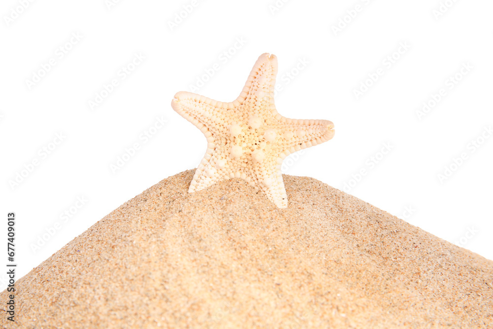 Sand with beautiful sea star isolated on white Sand with beautiful sea star isolated on white