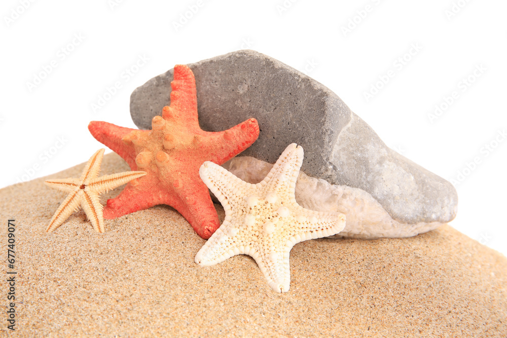 Sand with many beautiful sea stars and stone isolated on white Sand with many beautiful sea stars and stone isolated on white