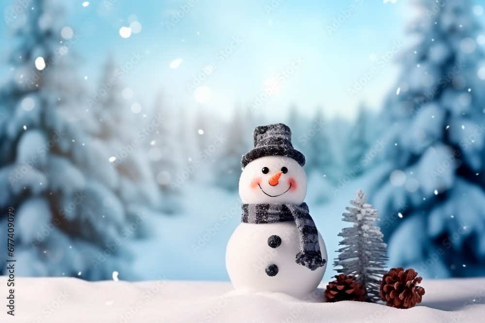 Happy snowman in winter scenery with copy space