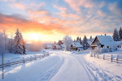 Fototapeta Naklejka Na Ścianę i Meble -  A charming small town covered in a fresh blanket of snow during the holiday season