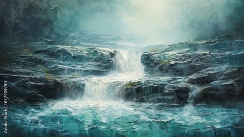 A close-up of a flowing waterfall, capturing the cascading water and mist art paint