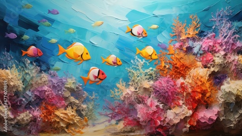 A surreal depiction of an underwater world, where coral reefs and marine life come to life with special paint brush art