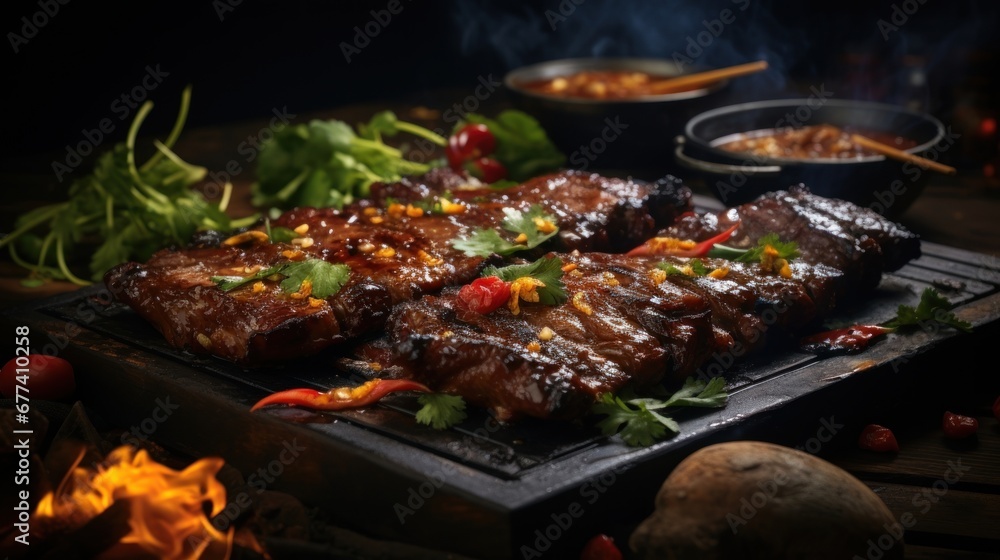 A cinematic close-up of a sizzling hotplate of Indonesian-style grilled ribs, drizzled with a tangy and spicy marinade