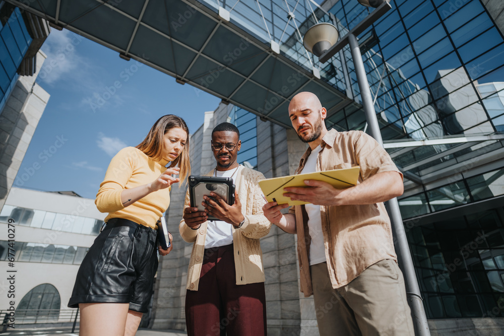 © qunica.com - A team of entrepreneurs plans business expansion with angel investors outdoors in an urban city. They focus on financial planning, market analysis, and product development to achieve profitability.