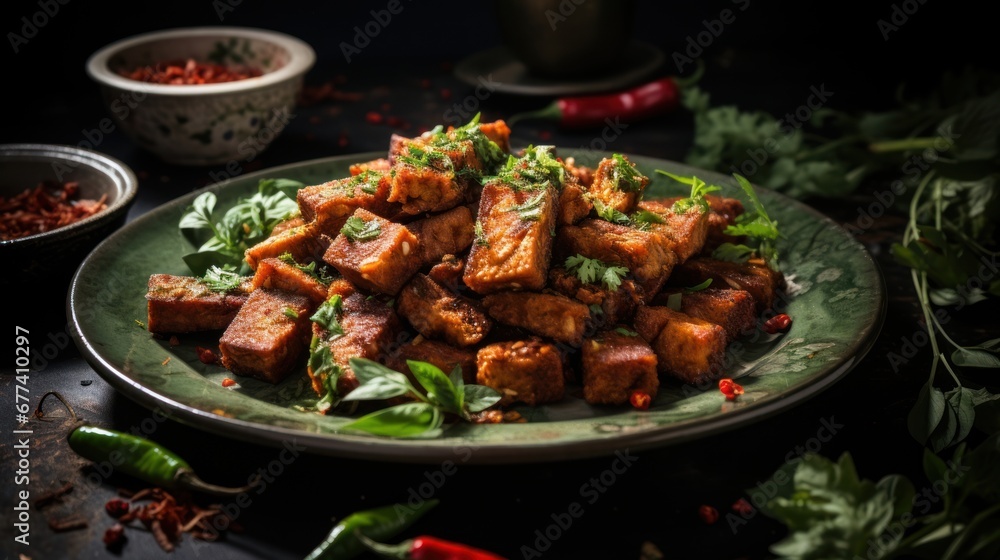 A creative composition featuring a plate of crispy and savory tempeh goreng, garnished with fresh herbs and served with spicy sambal A creative composition featuring a plate of crispy and savory tempeh goreng, garnished with fresh herbs and served with spicy sambal