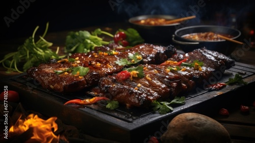 A cinematic close-up of a sizzling hotplate of Indonesian-style grilled ribs  drizzled with a tangy and spicy marinade