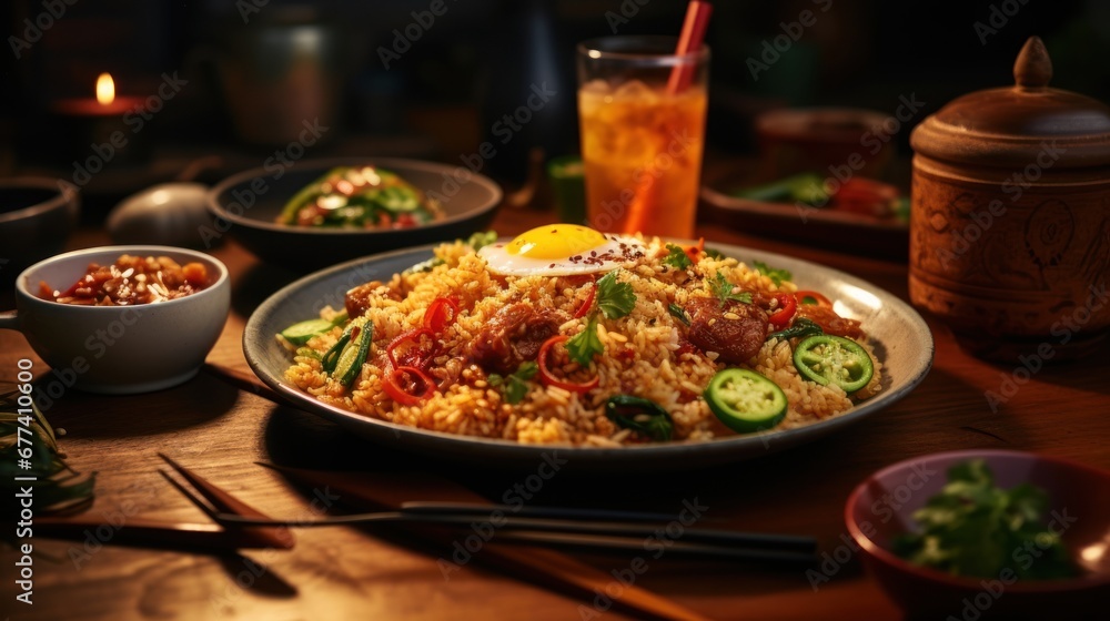 An enticing close-up shot of a steaming plate of nasi goreng, capturing the vibrant colors of the fried rice and accompanying condiments