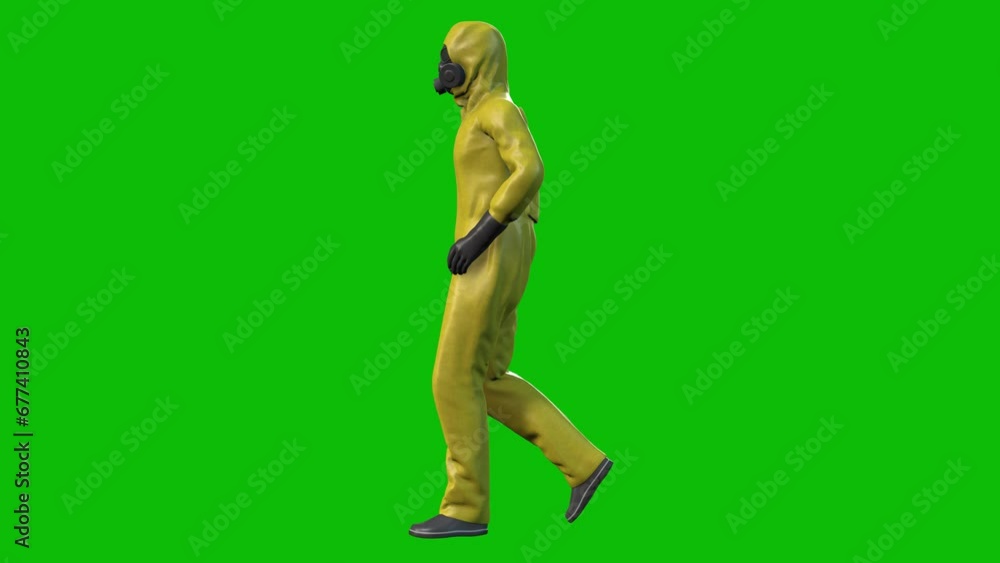 Biohazard, Hazmat suit 3D character walking on green screen, side view, 3D animation Biohazard, Hazmat suit 3D character walking on green screen, side view, 3D animation