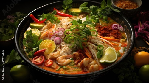 An enticing shot of a vibrant and aromatic bowl of laksa Betawi, featuring a rich coconut-based broth, noodles, and a medley of toppings