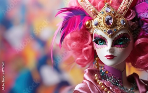 Happy Mardi Gras poster. A doll with pink hair and white face in Venetian masquerade mask with feathers for carnivals. Costume party outfit, bokeh, de focus. AI Generative