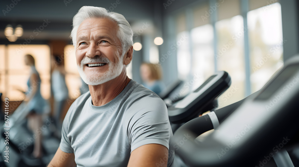 Fototapeta premium A senior man enthusiastically adopts modern fitness technology. The room is filled with the energy of positive movement, with expressions of satisfaction on their faces.