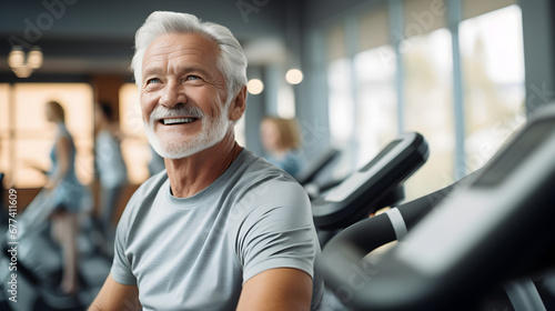 A senior man enthusiastically adopts modern fitness technology. The room is filled with the energy of positive movement, with expressions of satisfaction on their faces.