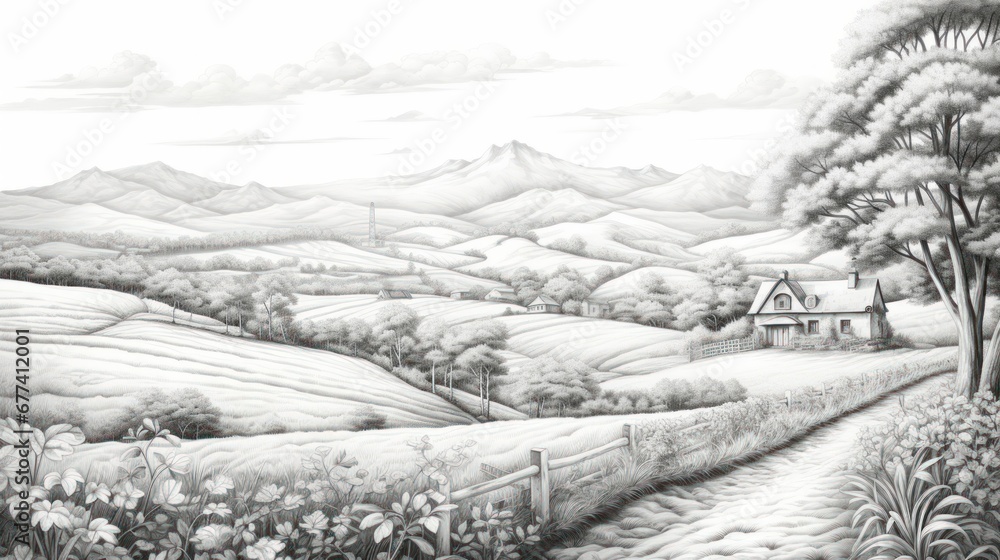 An intricate line drawing of a peaceful countryside, capturing the rolling hills and quaint cottages