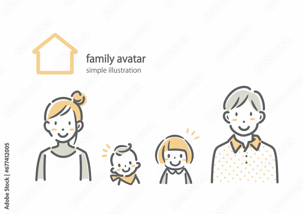 若い4人家族　シンプルでお洒落な線画イラスト