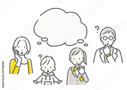 考えるミドル世代4人家族　シンプルでお洒落な線画イラスト