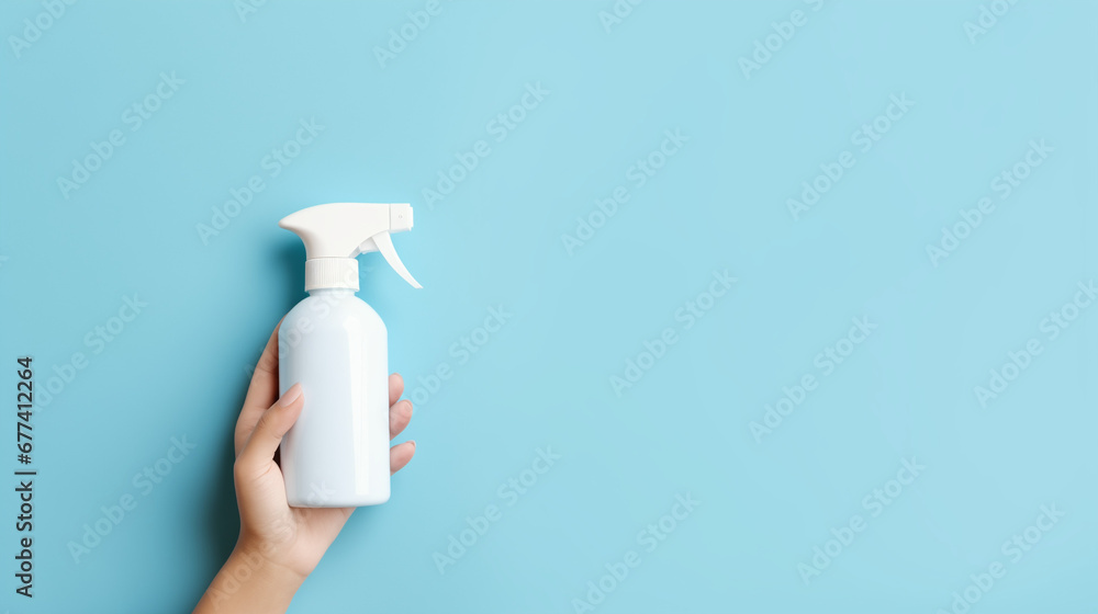 Hand holding spray bottle on blue background Hand holding spray bottle on blue background