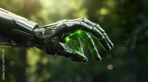 Coexistence of human and AI and sustainable development concepts. A human hand with cyborg mechanics, artificial intelligence, reaching out on green bnature background.