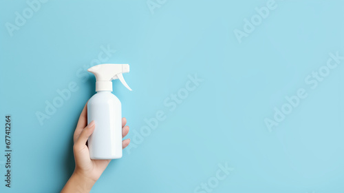 Hand holding spray bottle on blue background