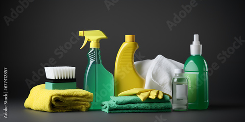 House cleaning products. Window mop, sponge, bottle of spray, yellow latex gloves, brush on green background. Top view. Flat lay style . photo