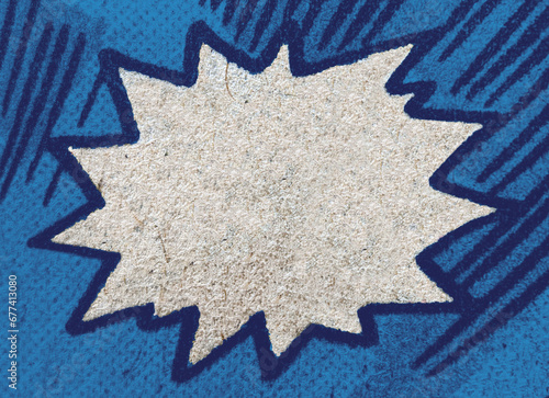 Closeup of real vintage comic book page with empty white speech bubble on a background texture of blue printing dots