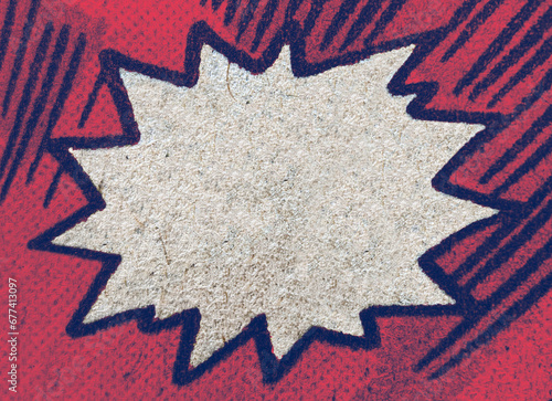 Obraz na płótnie Closeup of real vintage comic book page with empty white speech bubble on a background texture of colorful red blue printing dots w salonie