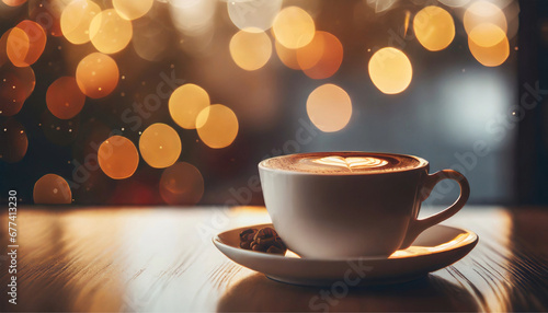 Realistic photo mock-up of a cup of coffee with coffee beans on a table with blurred bokeh lights behind