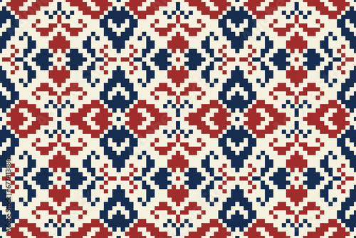 Geometric ethnic ikat pattern in red, blue and beige. Vector seamless traditional floral embroidery pixel pattern design for fabric, cross stitch, clothing, wallpaper, knitting, quilt, carpet.