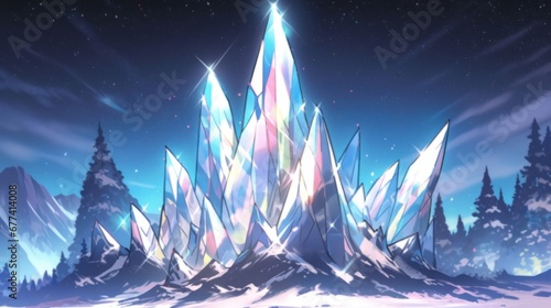 Diamond Gem, snowy mountain peak, aurora borealis cartoon style illustration photo
