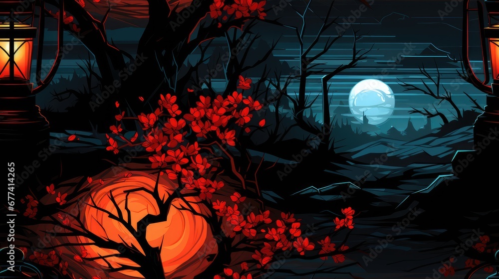 seamless pattern of a dark forest with trees and lanterns at the moonlit night lunar new year
