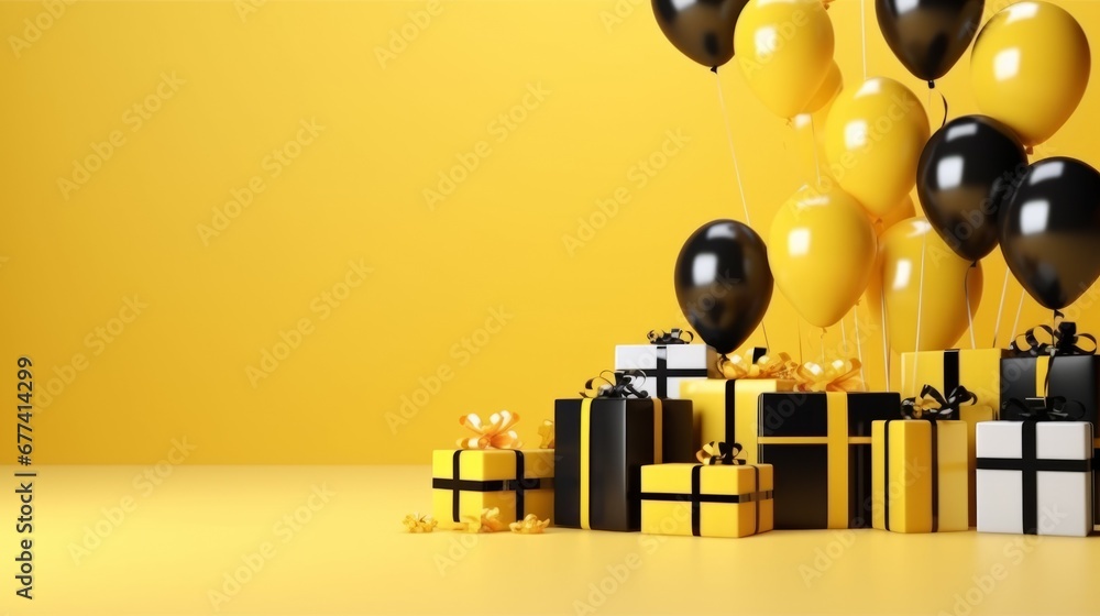 Photo balloons and gifts with place for text and design on yellow for Christmas Photo balloons and gifts with place for text and design on yellow for Christmas