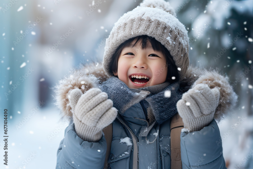 Portrait of a young asian boy on winter season outdoors. Generative AI. Portrait of a young asian boy on winter season outdoors. Generative AI.