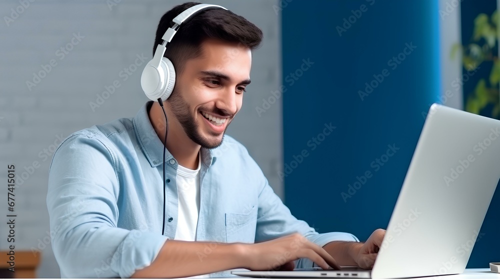 A dynamic shot of a student with headphones, engrossed in an online lesson, framed against a modern tech-blue backdrop. generative AI A dynamic shot of a student with headphones, engrossed in an online lesson, framed against a modern tech-blue backdrop. generative AI