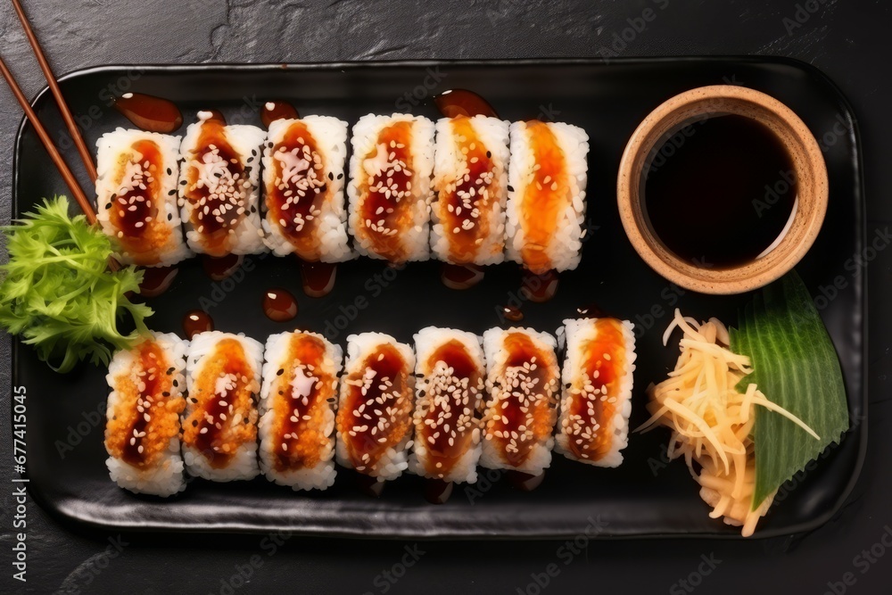 Sushi assortment with eel black sesame Menu Top view Sushi assortment with eel black sesame Menu Top view