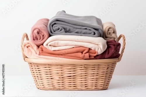 Wooden basket with clothes white background