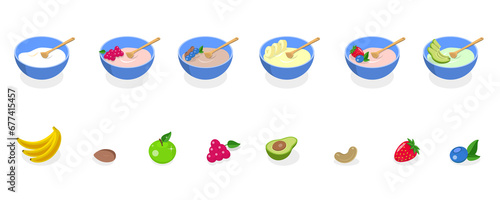 3D Isometric Flat Conceptual Illustration of Cereal Breakfast, Bowls with Porridge, Fruits, Yogurt and Berries