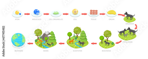 3D Isometric Flat Conceptual Illustration of Living World Biosphere, Labeled Ecosystem Explanation Scheme Outline