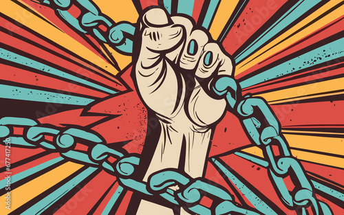 Hand drawn fist raise up breaking chain, Human Rights Day poster grunge texture, vector Illustration