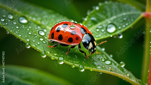 ladybird on leaf, Bright orange beetle on flower with droplets of water, A ladybug sits on a green leaf with water droplets on it,