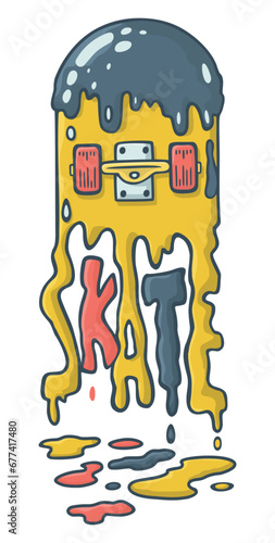 Surrealistic multicolored vector illustration of skateboard with melting cream.