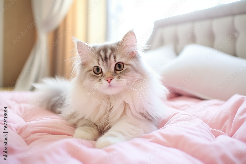 Emotion filled cat adorably grooming on a stylish bed Emotion filled cat adorably grooming on a stylish bed