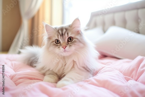 Emotion filled cat adorably grooming on a stylish bed