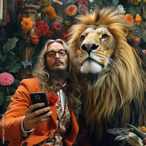 Eccentrically Dressed Man Captures Selfie with a Majestic Lion Companion photo