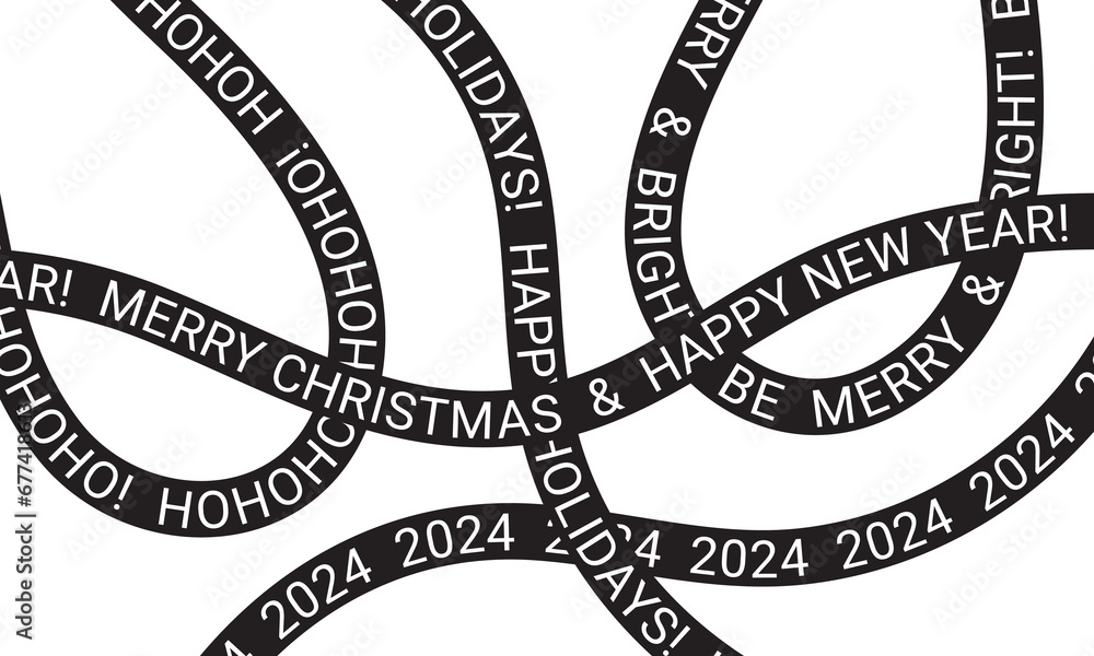Christmas background with black threads. Black stripes with holiday text. - obrazy, fototapety, plakaty 