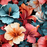A tropical seamless pattern tile design showcasing realistic hibiscus flowers, with their vibrant petals and striking centers