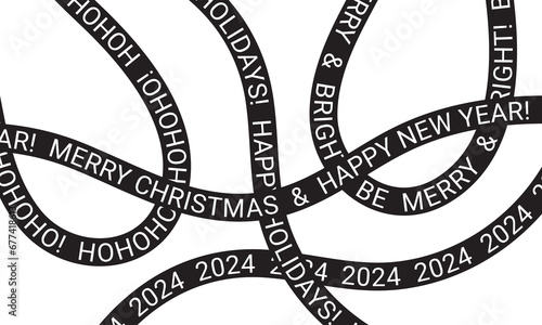 Christmas background with black threads. Black stripes with holiday text.