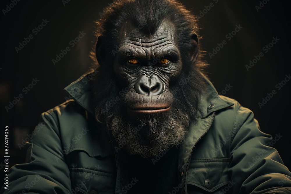 Pensive Gorilla with Soulful Eyes Wearing a Human Jacket Contemplates in Silence Pensive Gorilla with Soulful Eyes Wearing a Human Jacket Contemplates in Silence