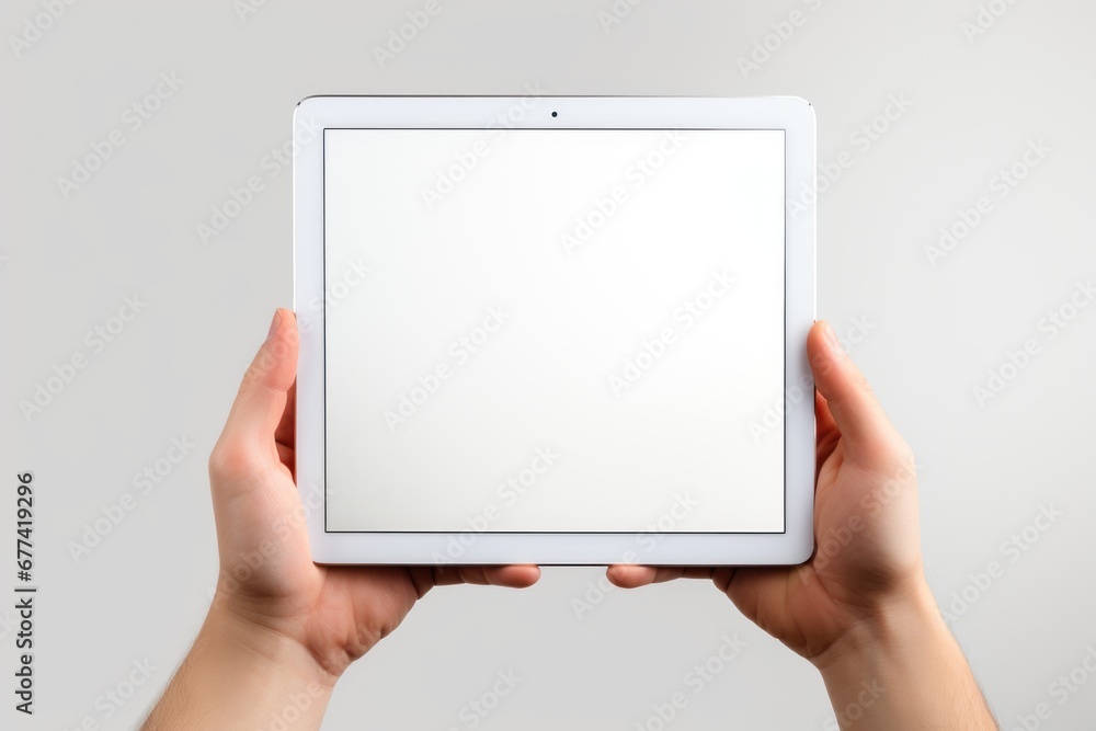 Hand holding a tablet screen with blank. Generative AI. Hand holding a tablet screen with blank. Generative AI.