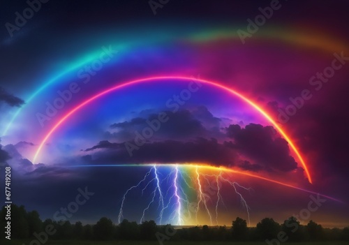 Rainbow colored circular electric thunder sparks in plain sky background from Generative AI