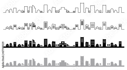 シンプルな街並みのシルエットイラストのセット　背景イラスト　線画　